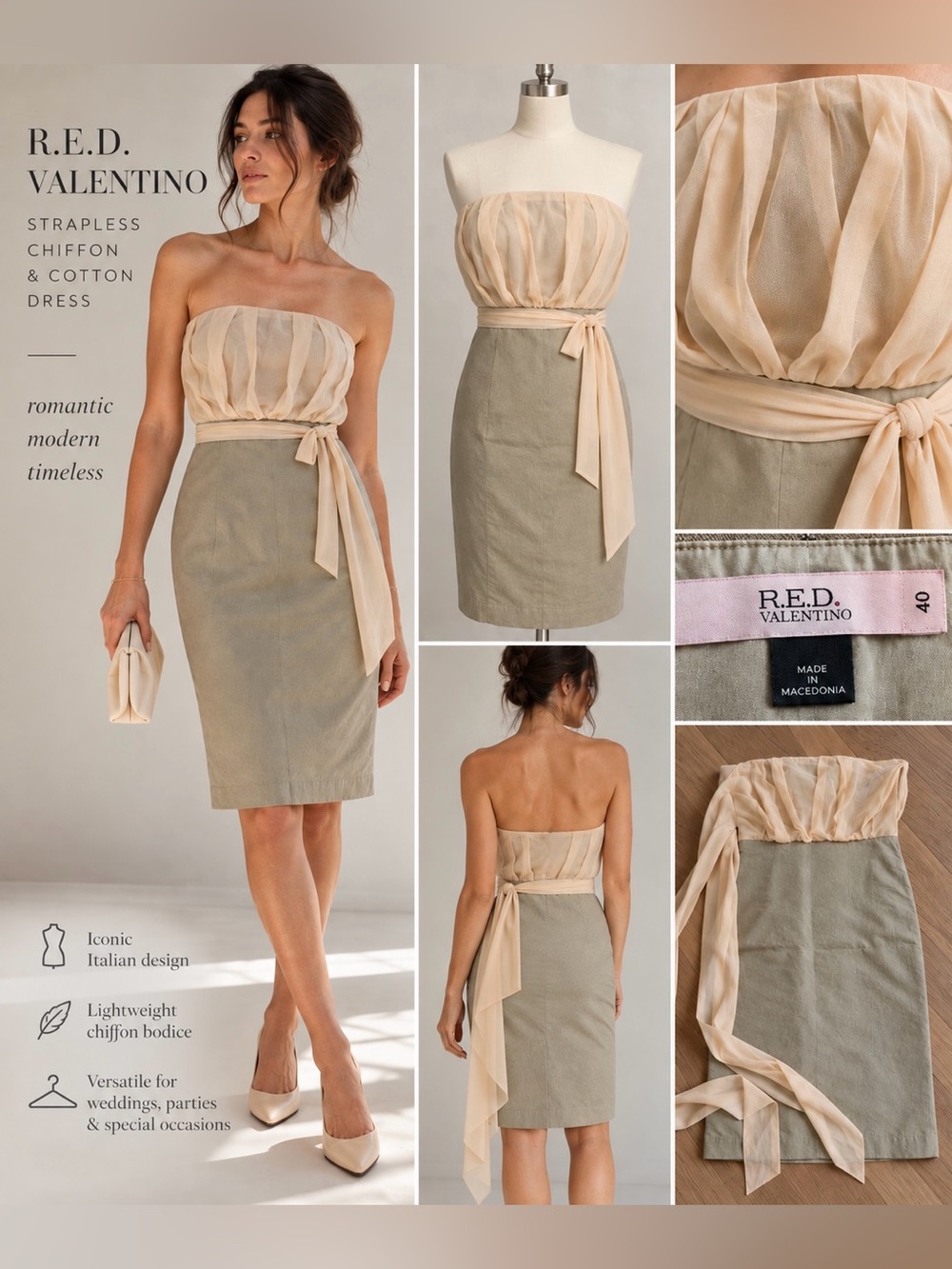 RED Valentino Strapless Tulle Khaki Pencil Dress EU 40